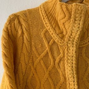 Cozy mustard knitted cardigan tunic-length with mock-neck and pockets
